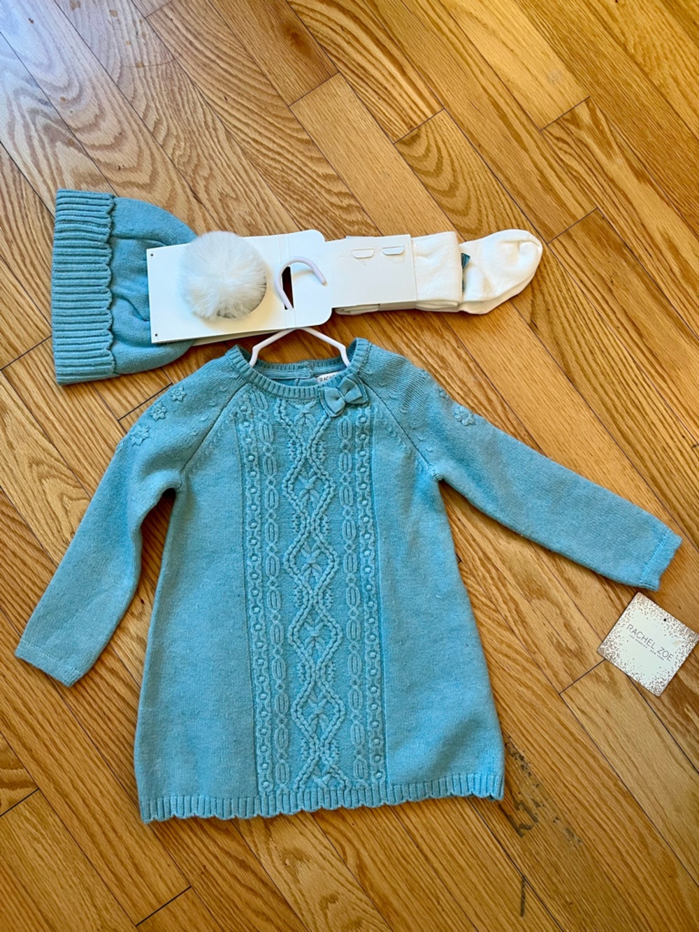 NWT Blue Cable-Knit Sweater Dress with Hat and Tights 24mo